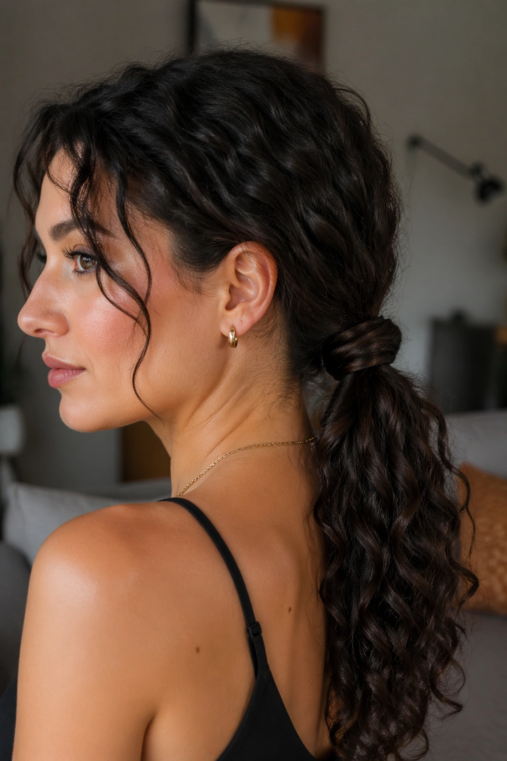 Close-up of a real woman with a low curly ponytail wrapped base on 2c curls.