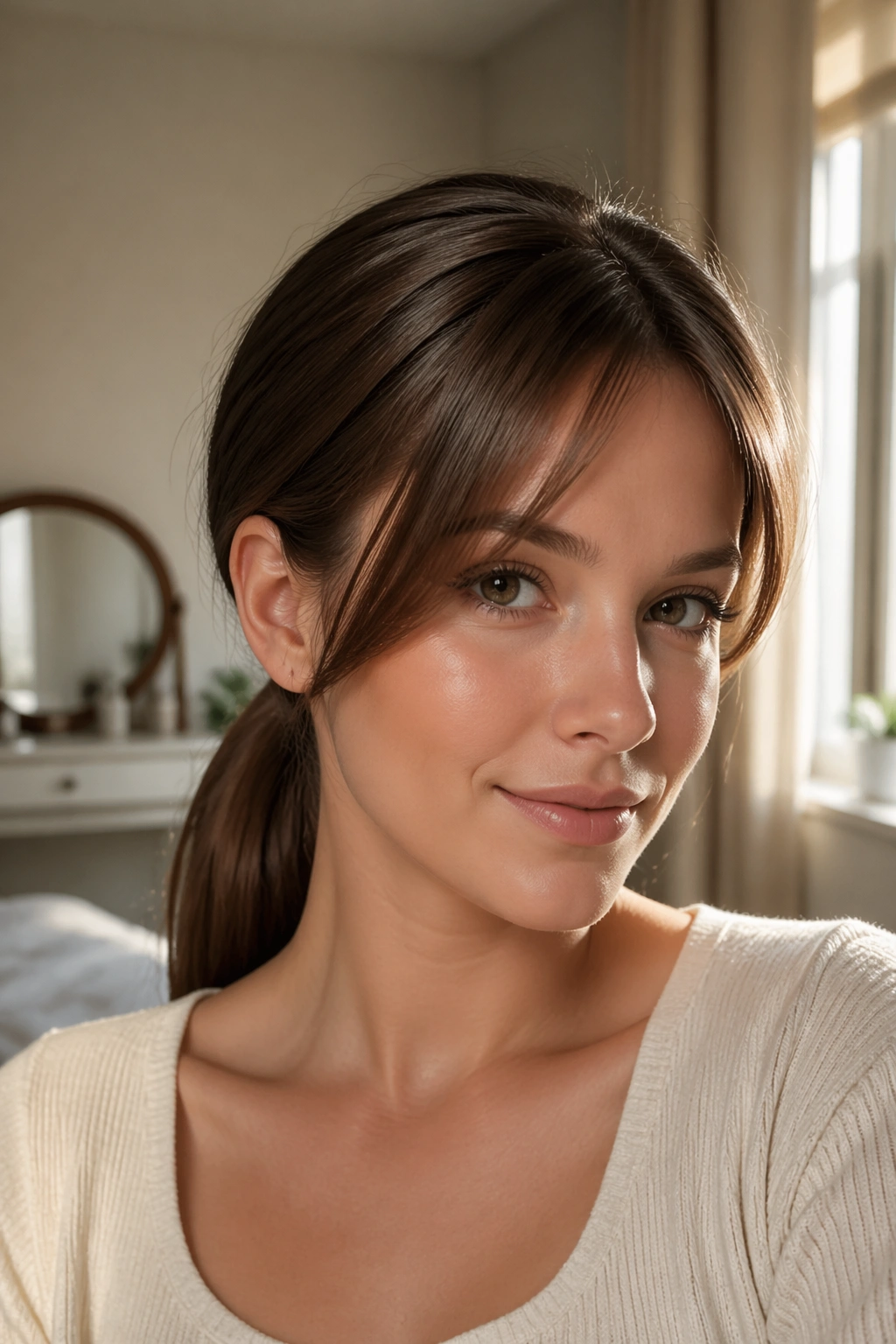 Close-up of a real woman with a low sleek ponytail and curtain bangs in a softly lit bedroom vanity setting