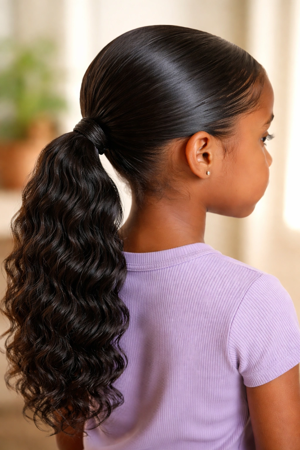 Low sleek ponytail at the nape with deep wave texture