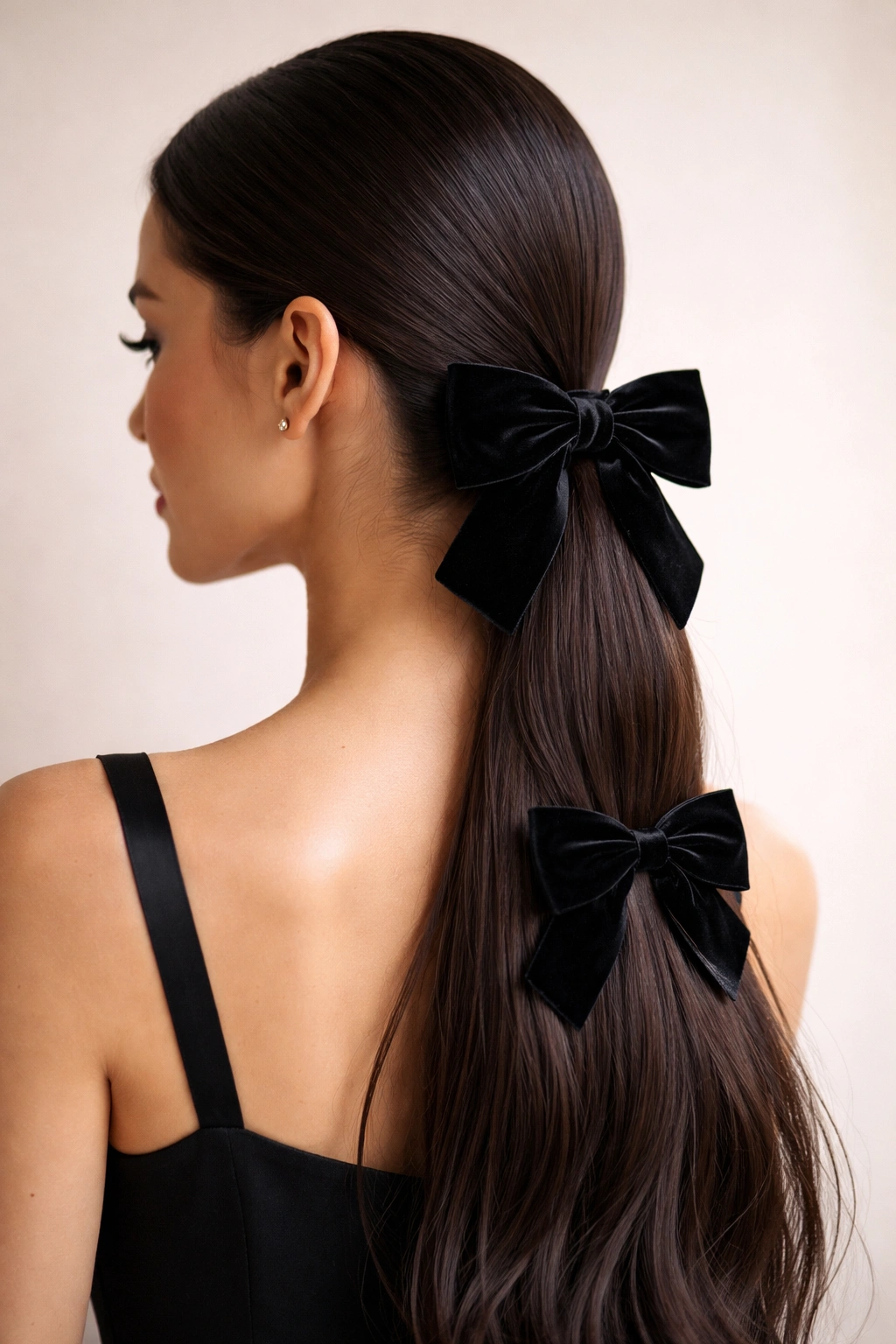 Close-up of a low sleek ponytail with two matching bows at the base and mid-length