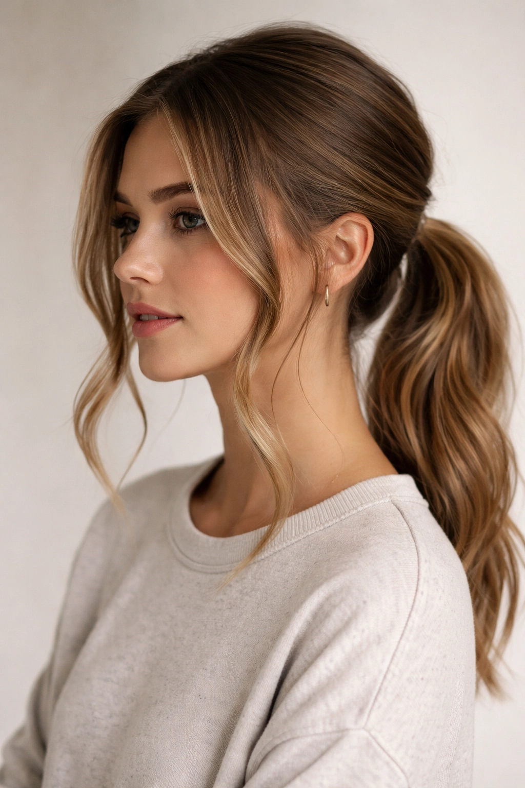 Low ponytail with face-framing loose pieces and soft waves