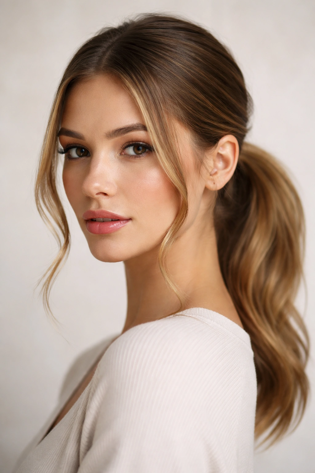 Close-up of a low ponytail with two slim face-framing pieces near the cheeks