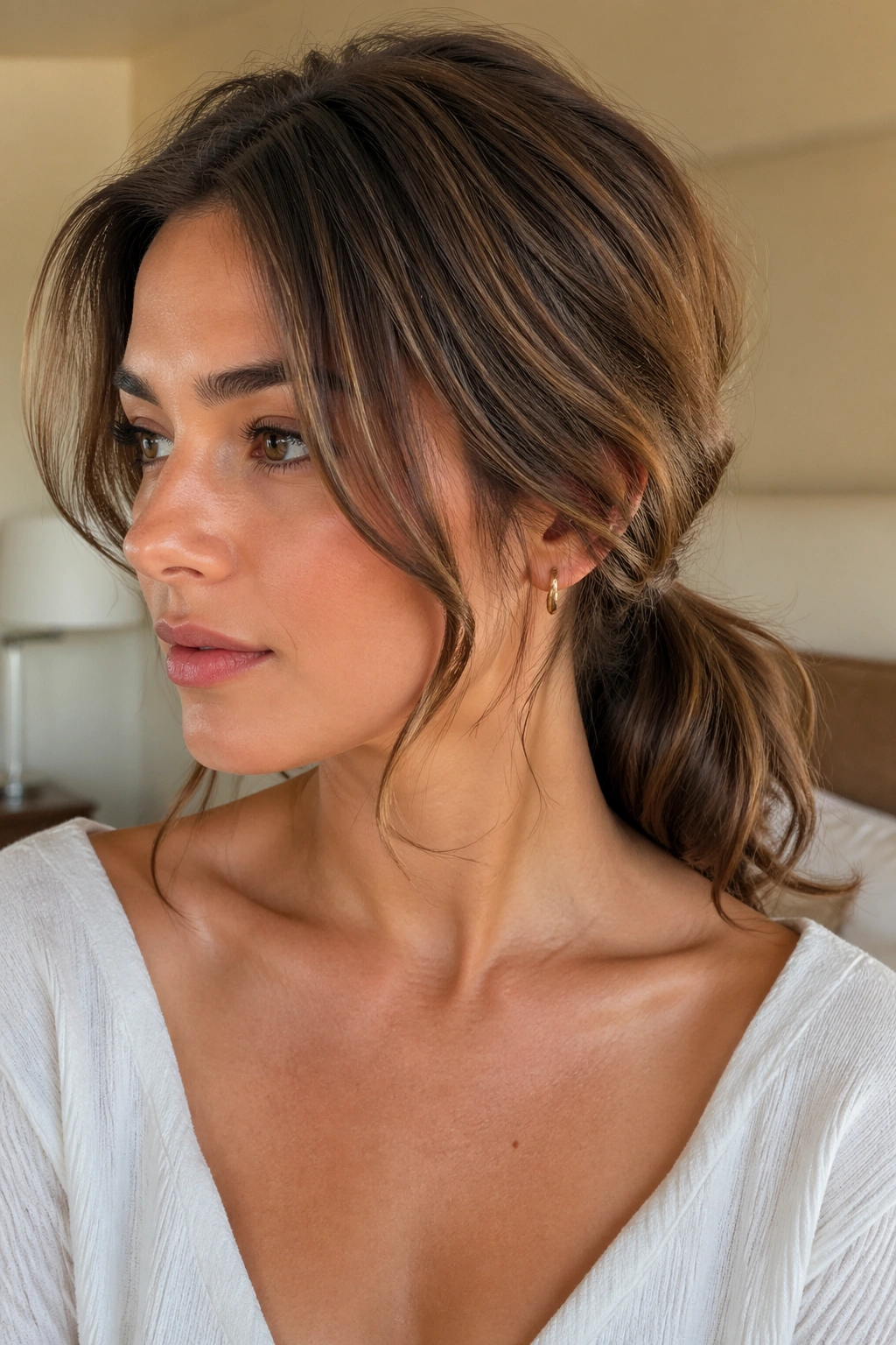 Close-up of a real woman with a soft low ponytail and face-framing pieces in warm natural window light.