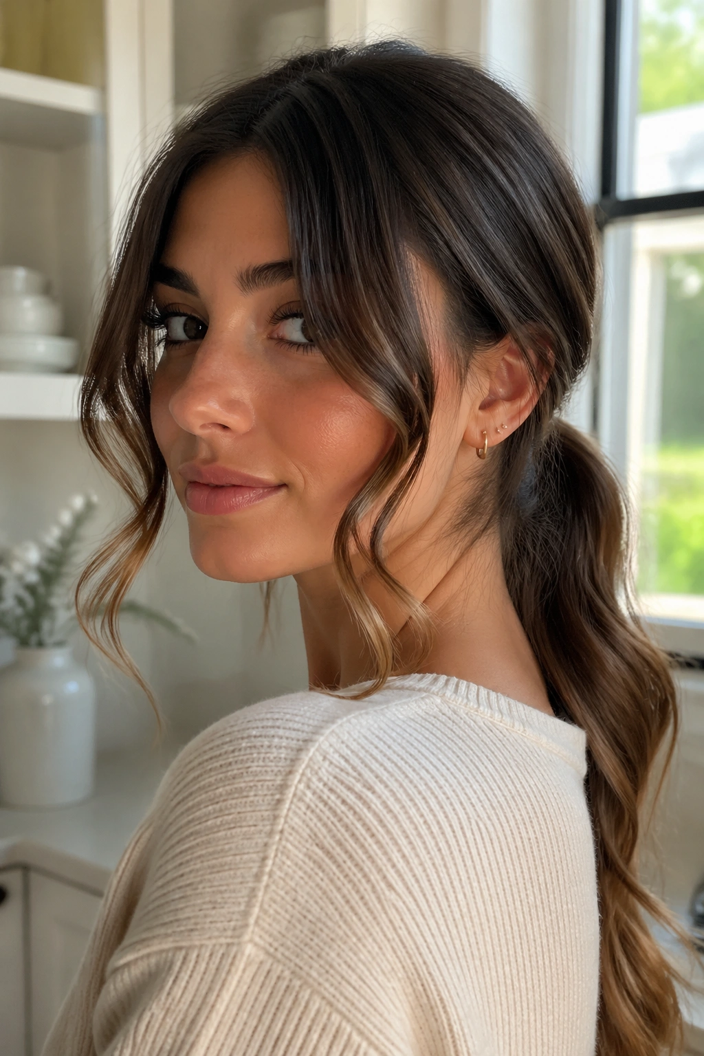 Portrait of a woman with a low ponytail and face-framing waves