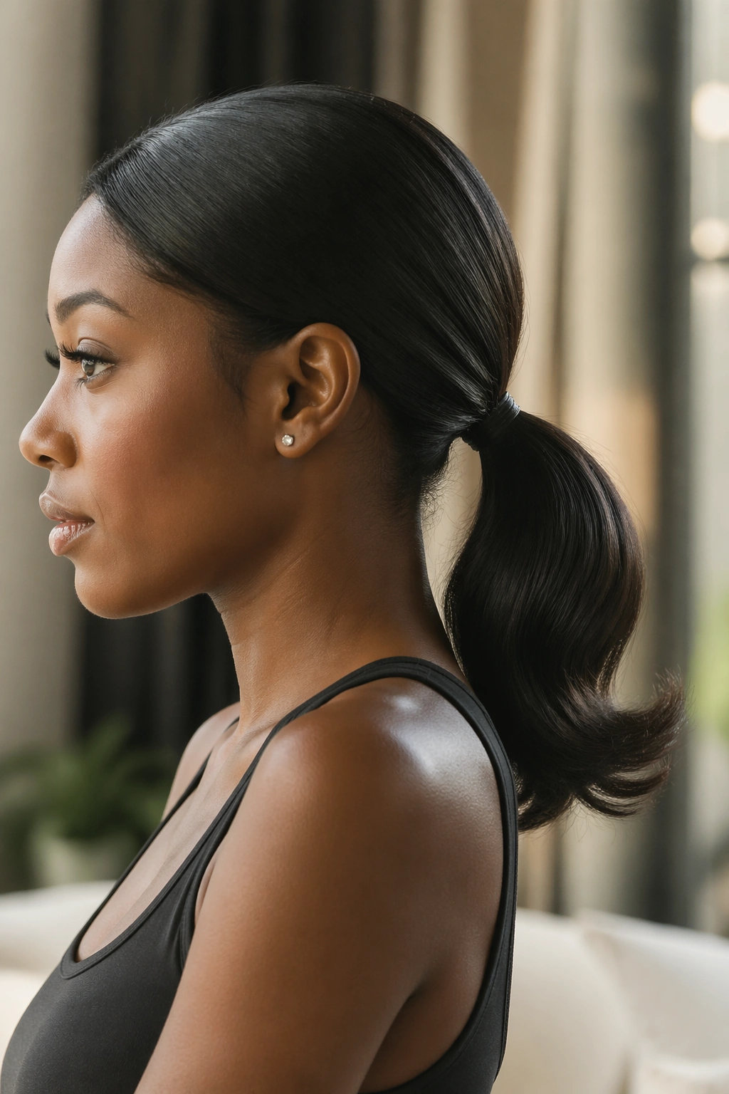 Close-up side profile of a real woman with a low ponytail and flip-over ends