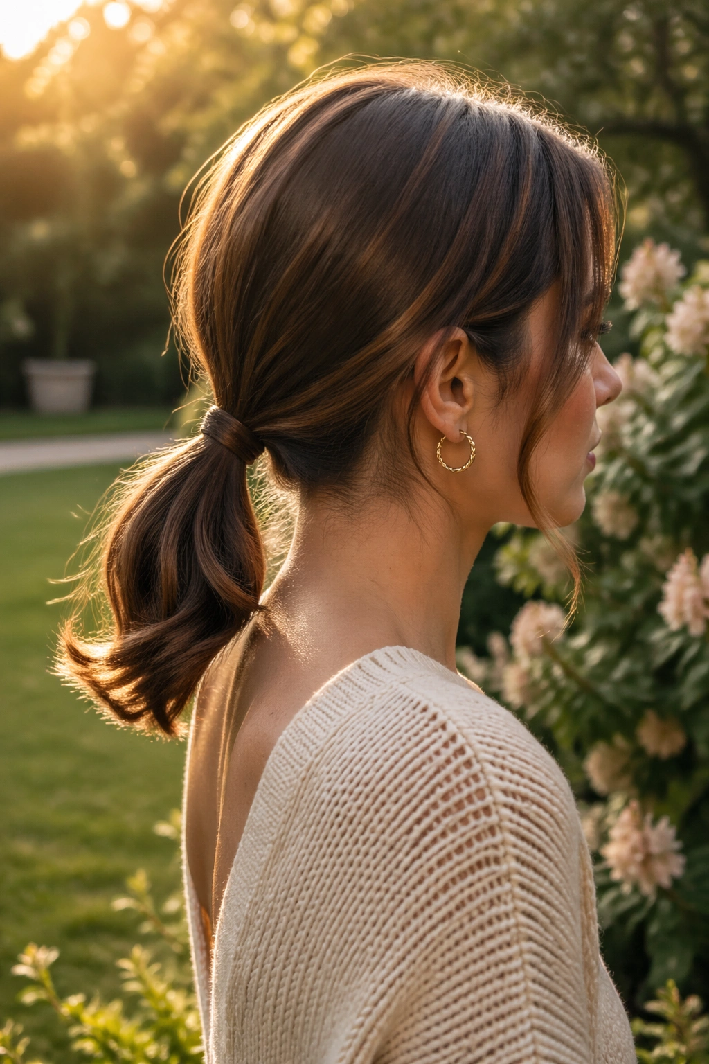 Low ponytail with flipped ends side profile in golden hour