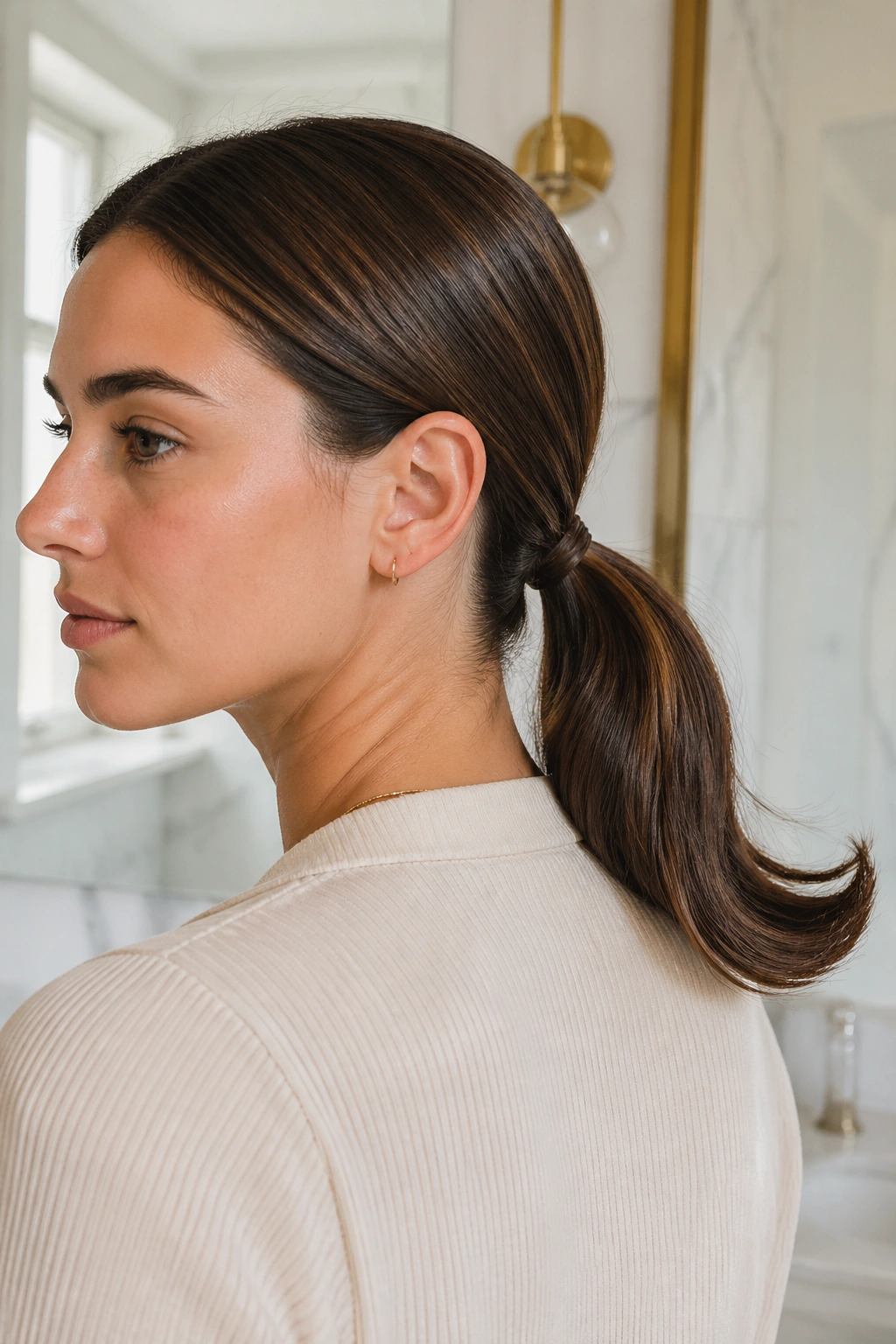 Portrait of a real woman with a low ponytail and flipped ends