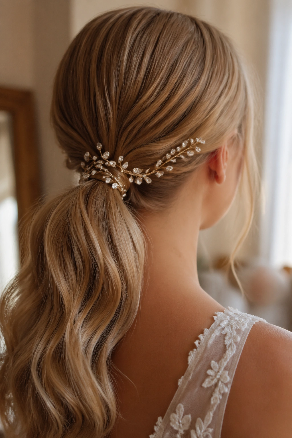 Low ponytail wrapped with a delicate hair vine on a real bride