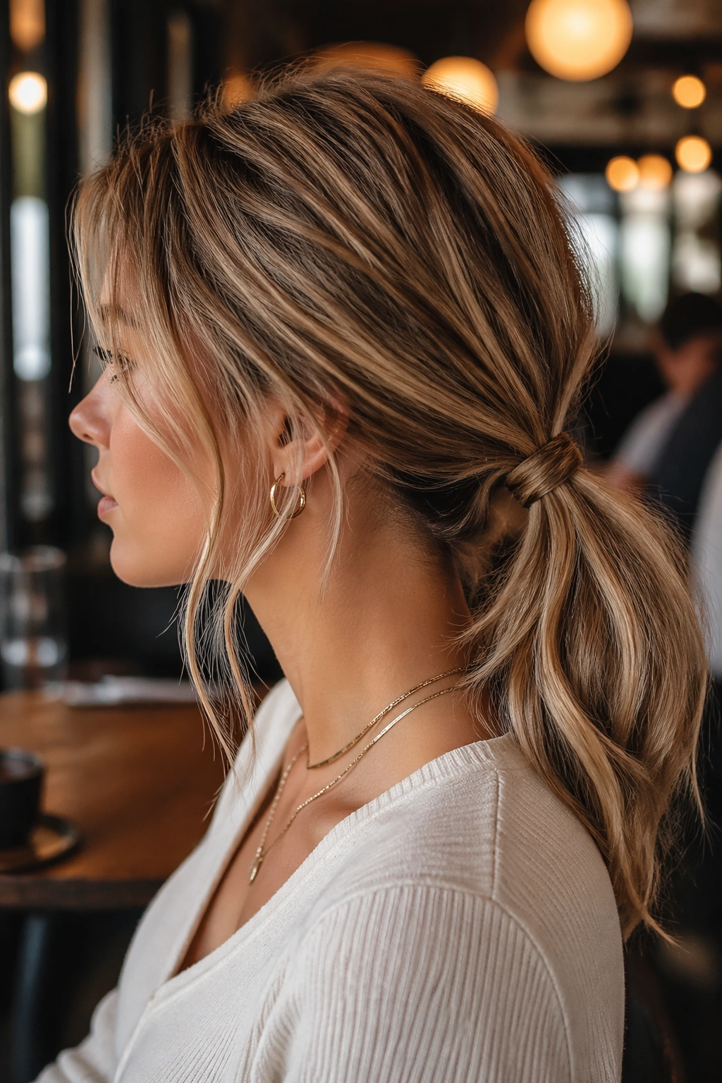 Side-profile of a person with a low ponytail and hidden elastic wrap