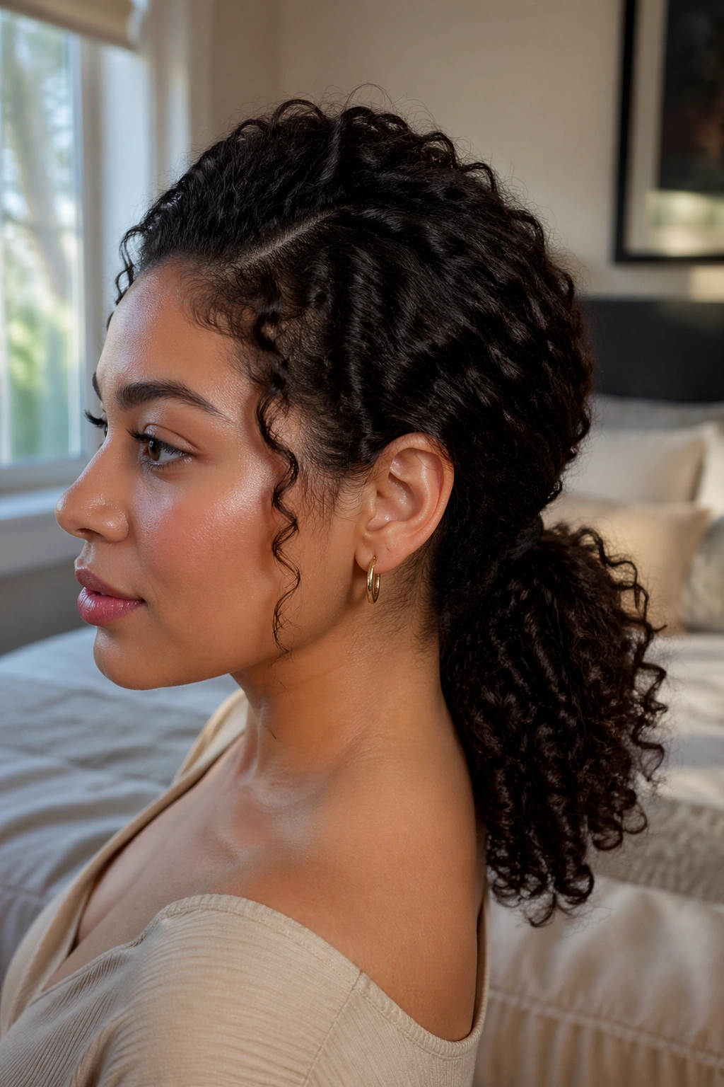 Close-up of a real woman with low ponytail and hidden lift on thick curls