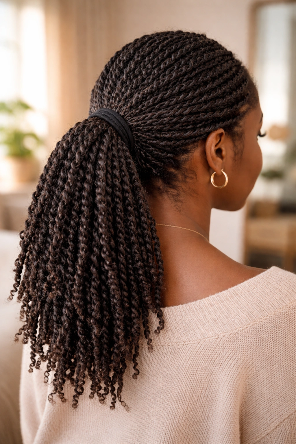 Back view of kinky twists in a low ponytail at the nape