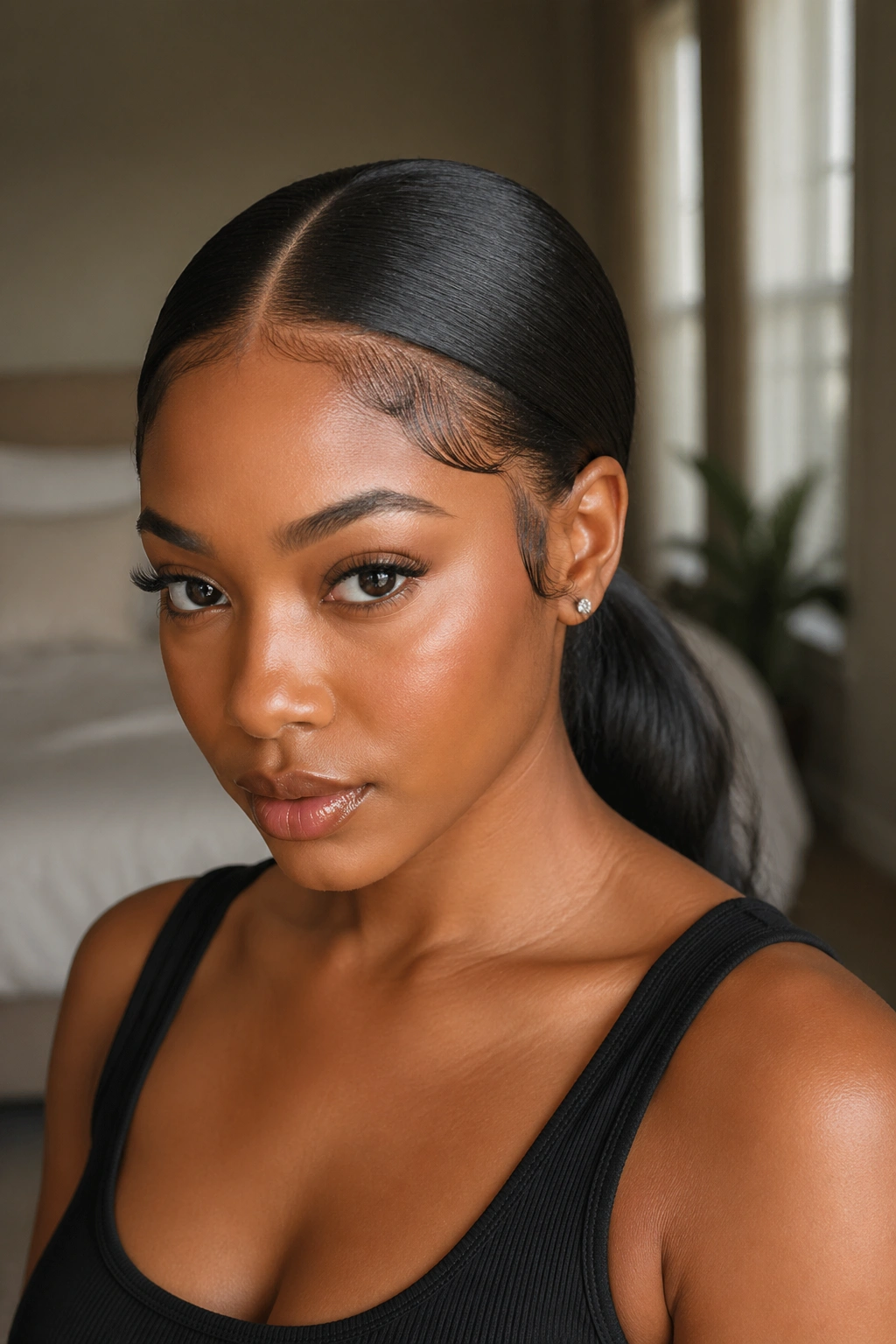 Close-up of a real Black woman with a sleek low ponytail and laid sides in natural window light.