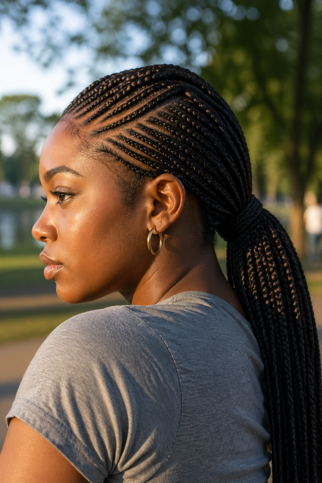 Real person with low ponytail lemonade box braids in a park at golden hour.