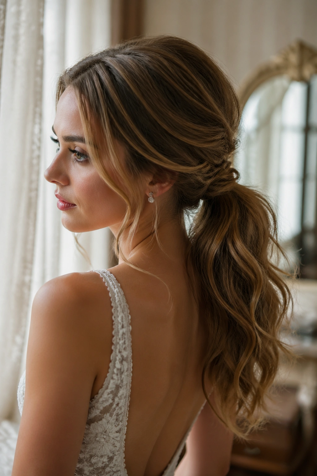 Close-up of a real woman with a romantic low ponytail and loose curls at the nape, face-framing pieces