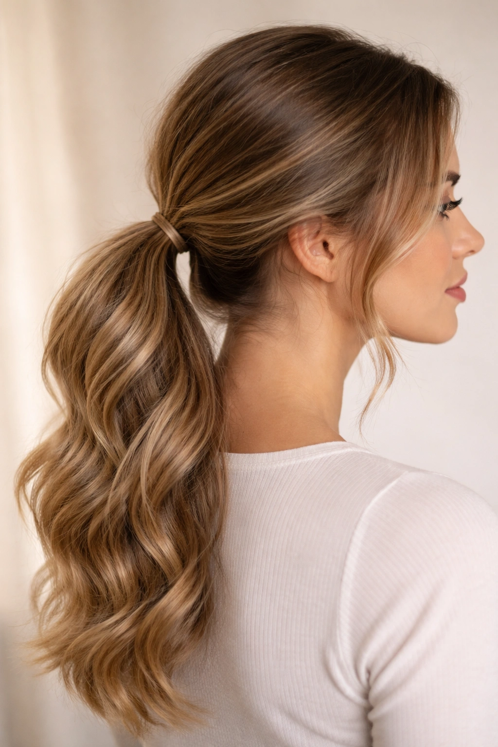 Low ponytail with loose waves in the tail and smooth crown
