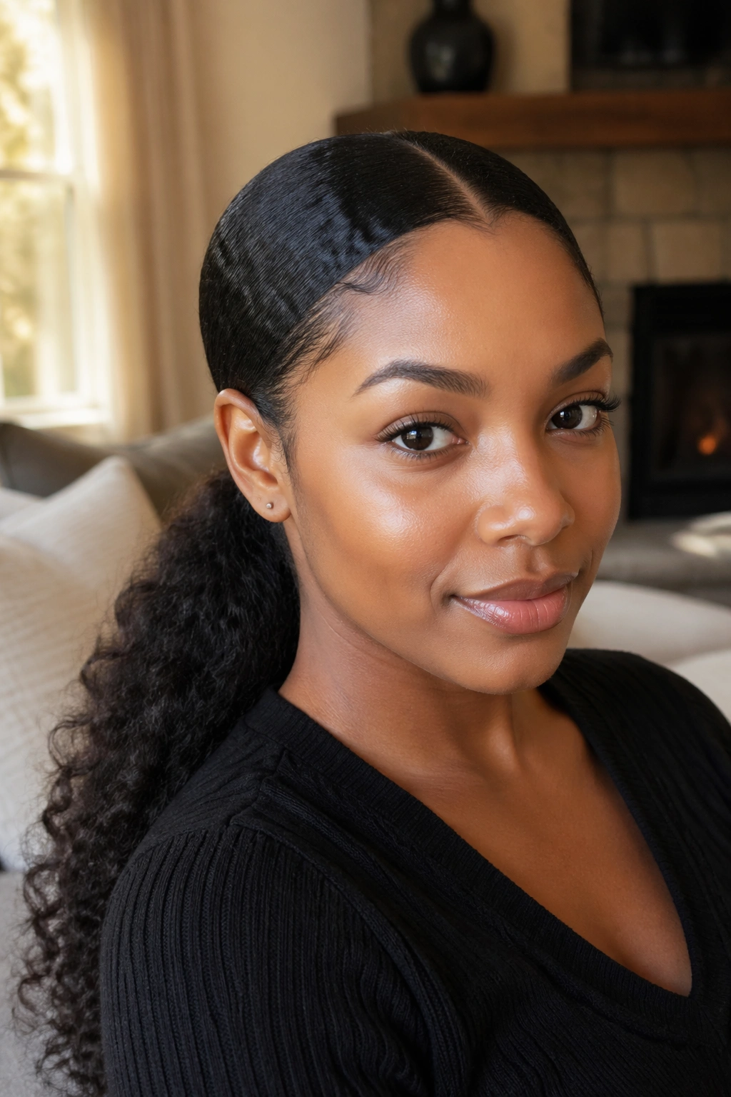Real woman with a low ponytail and middle part shown close-up indoors near window