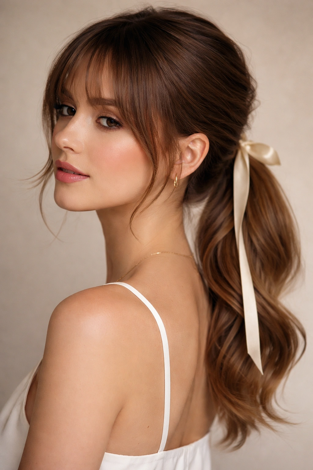 Low ponytail with satin ribbon and soft curved bangs in a clean studio