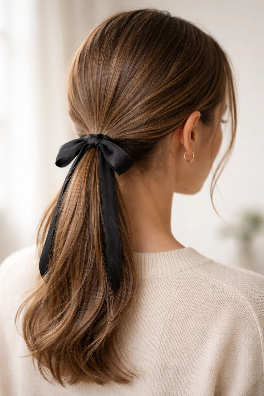 Low ponytail with a narrow satin ribbon around the base tied in a knot