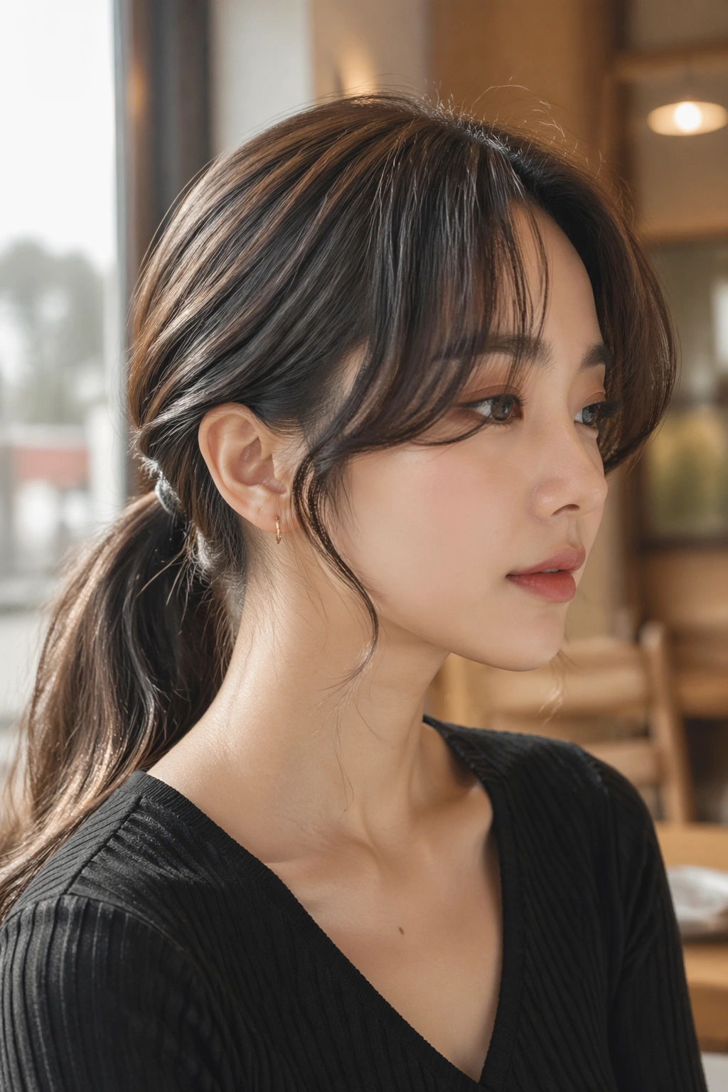 Real woman with low ponytail and S-Wave bangs in a cafe setting