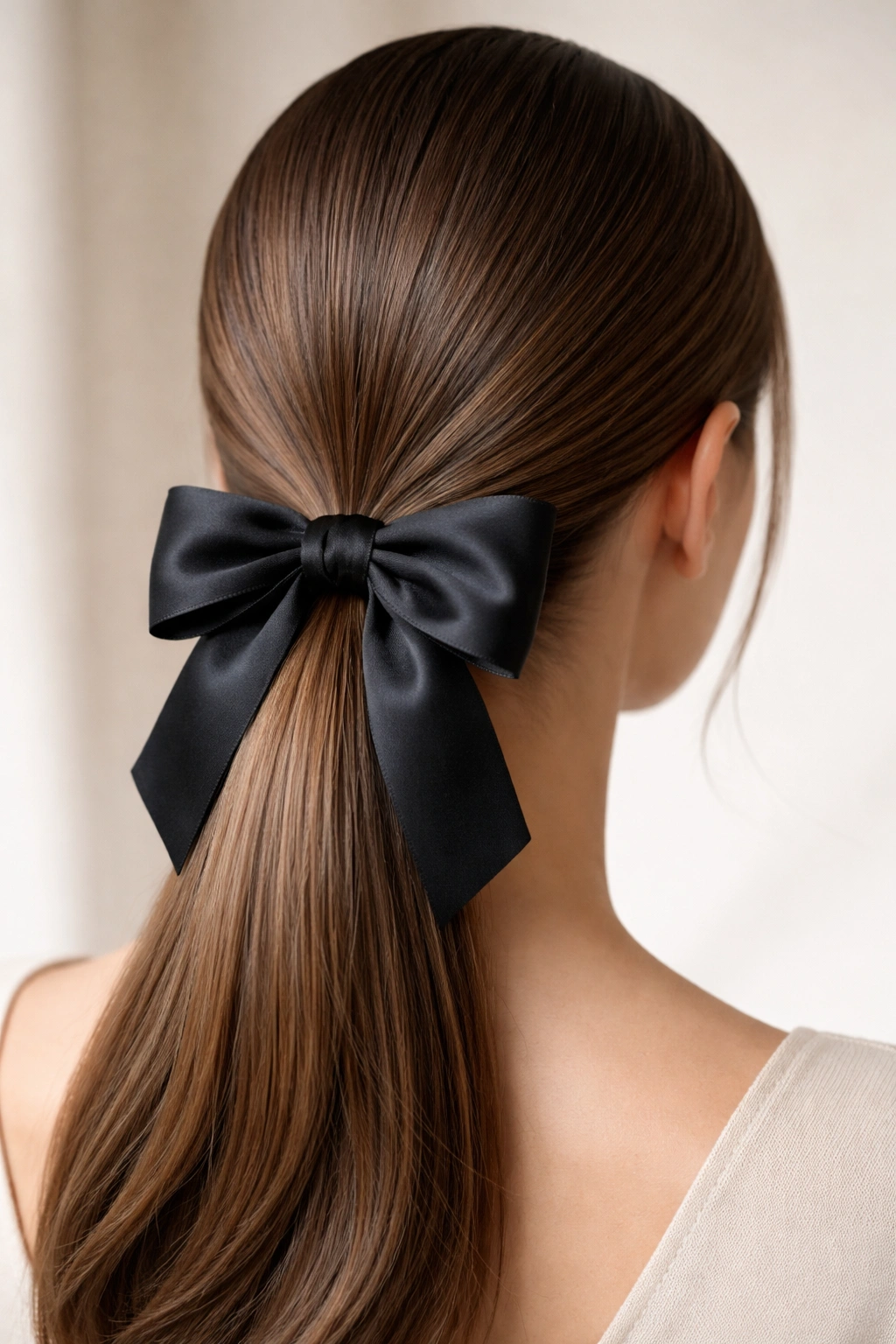 Close-up of classic low sleek ponytail with black satin bow at the nape, glossy hair