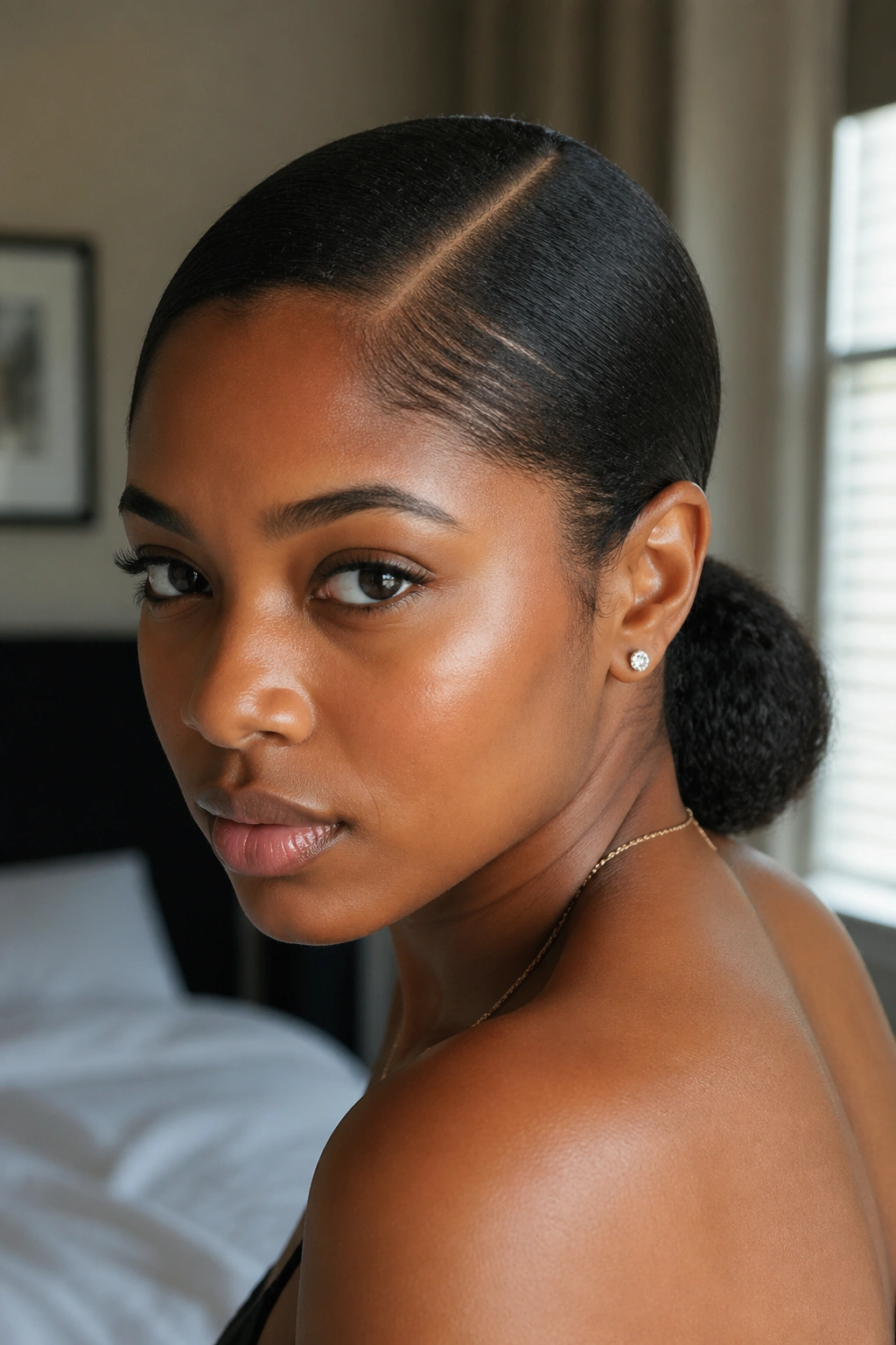 Close-up of a real woman with a minimalist low ponytail and a sharp part, smooth roots and low-nape ponytail