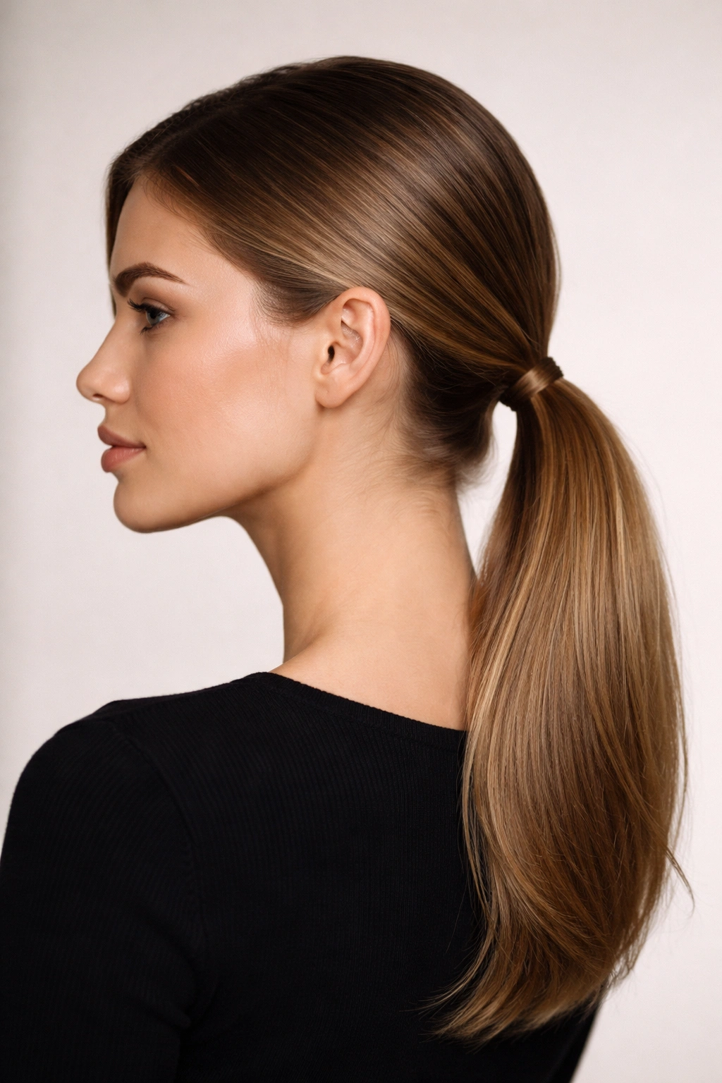 Close-up of a low sleek side ponytail with a clean part and smooth finish