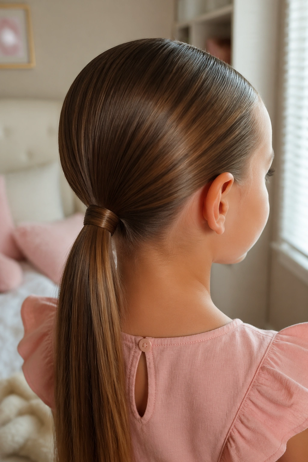 Close-up of a child's nape with a classic low sleek ponytail wrapped at the elastic