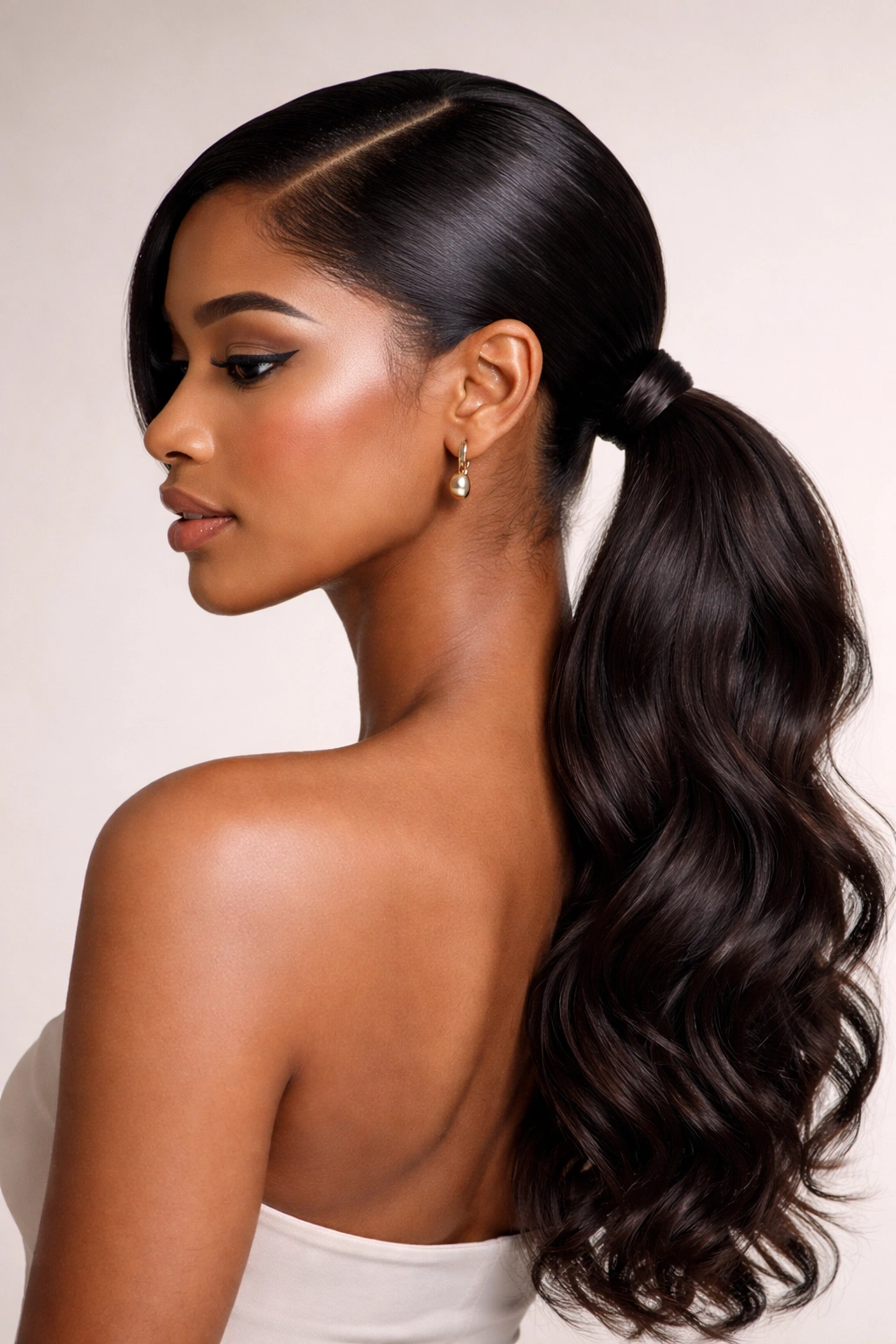 Low sleek weave ponytail with deep side part and smooth crown, wavy tail