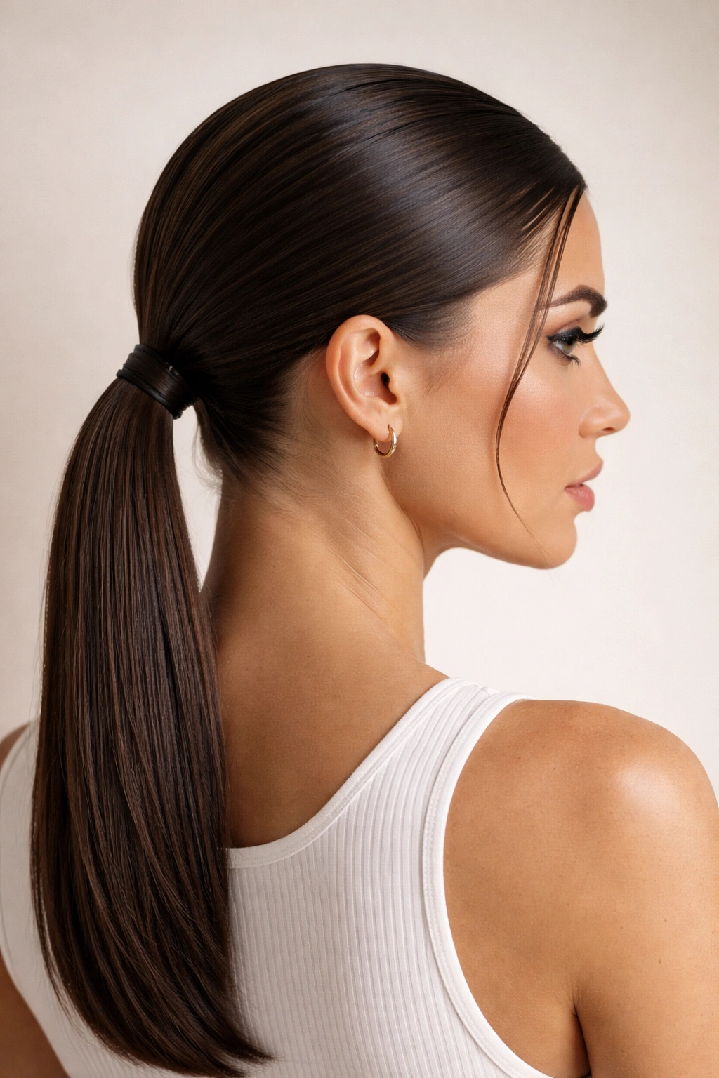 Low ponytail slicked back at the nape with a sharp center part.