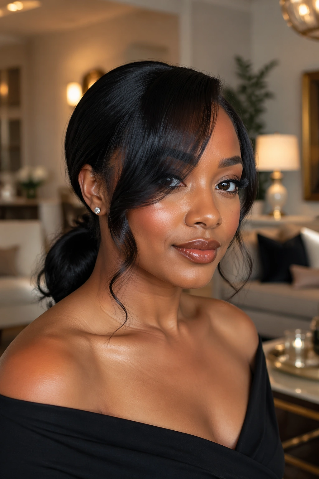 Close-up of a real Black woman with a low ponytail and soft curled side bangs