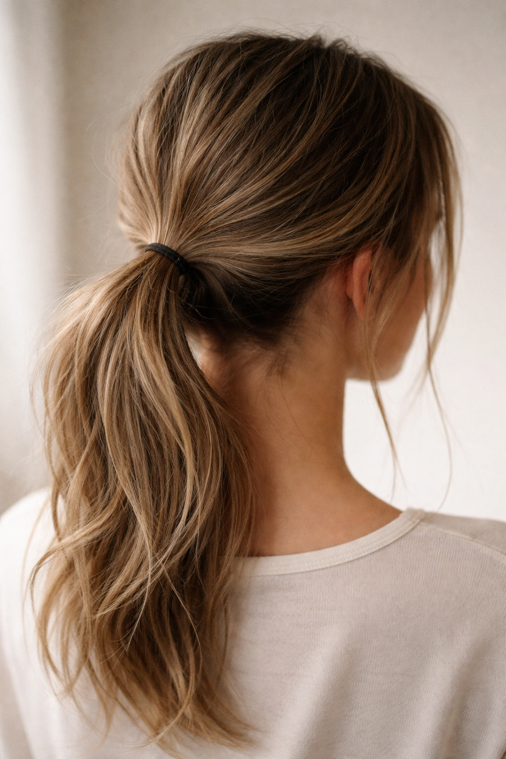 Back view of a soft low ponytail at the nape with a lifted crown and two slim front pieces framing the face