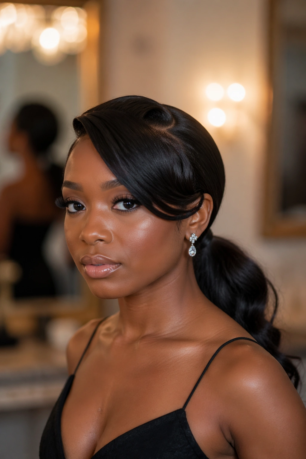 Close-up of a real Black woman's low ponytail with deep side swoop