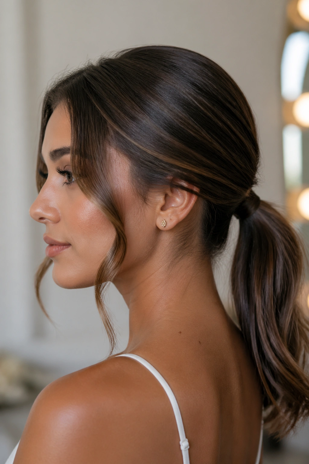 Close-up of real woman with low ponytail and tendril pieces