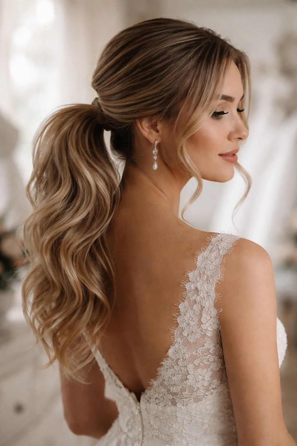 Close-up of a low ponytail with face-framing tendrils, soft volume at the crown, bridal hairstyle.