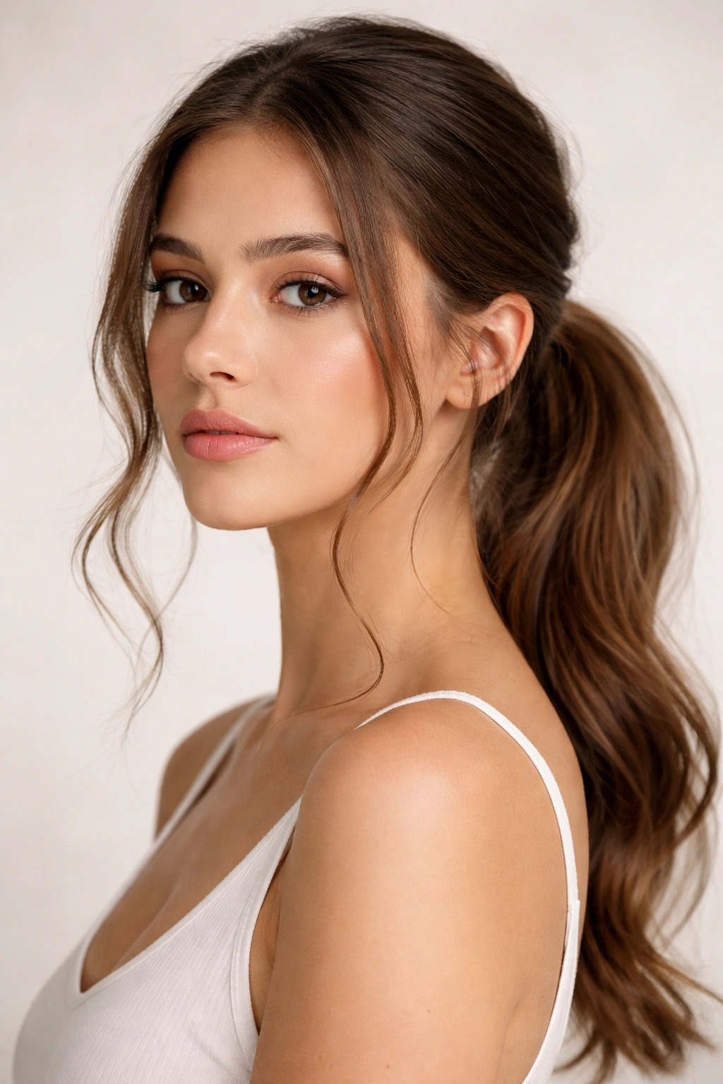 Low ponytail with delicate face-framing tendrils around the temples