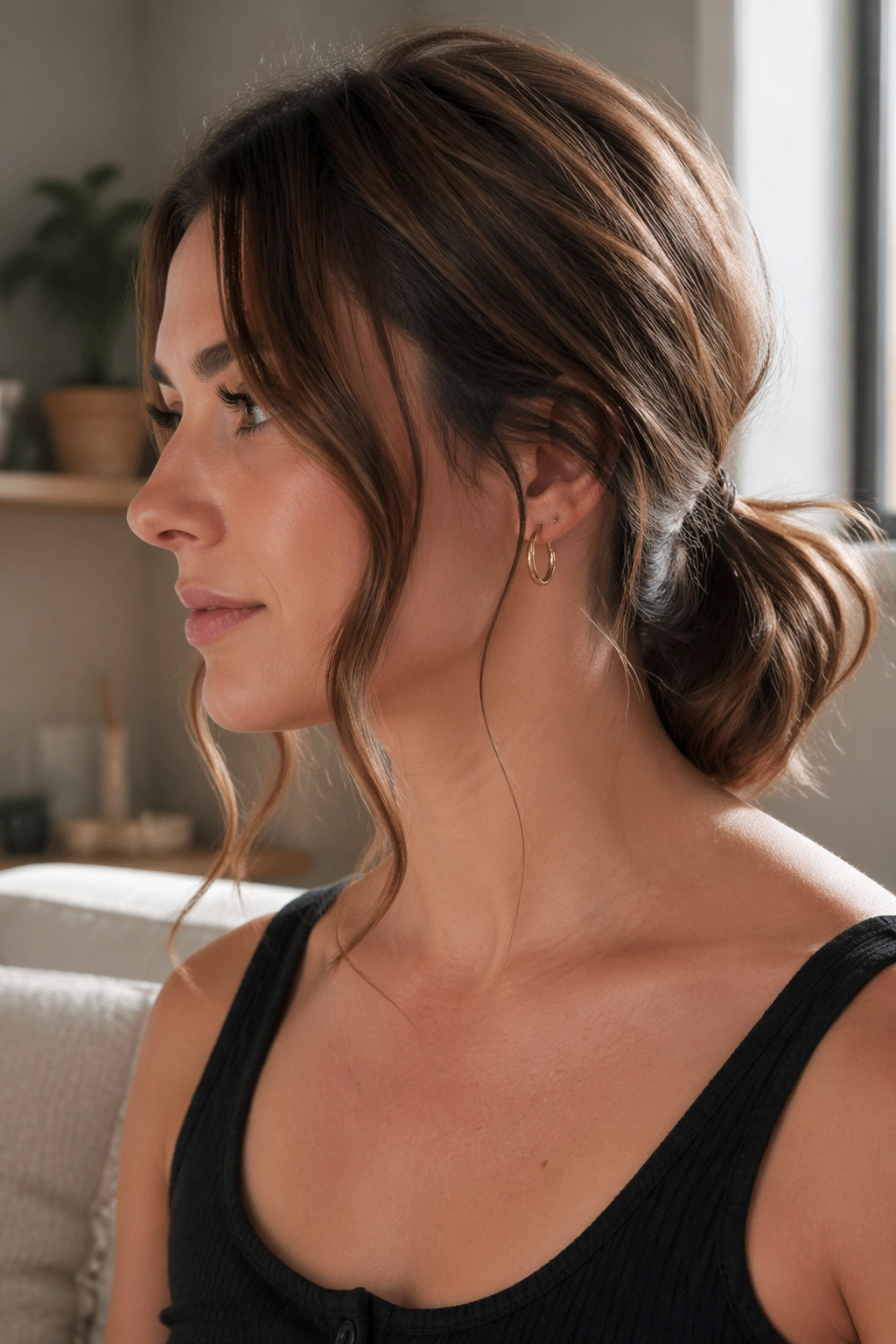 Real woman with low ponytail and two loose tendrils framing the face