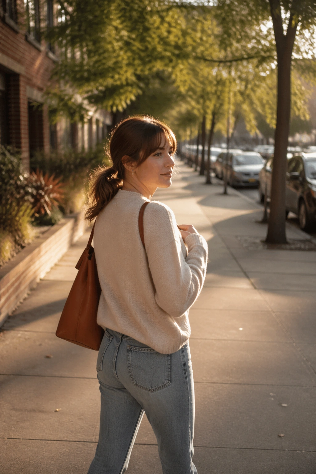Low textured ponytail with wispy bangs in golden-hour outdoor setting