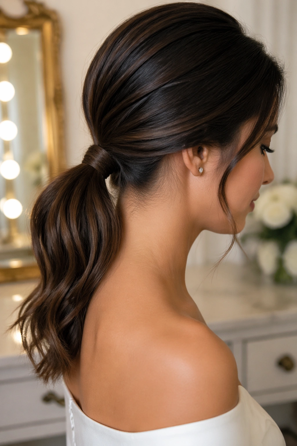 Real woman with low ponytail tucked base in bridal dressing room