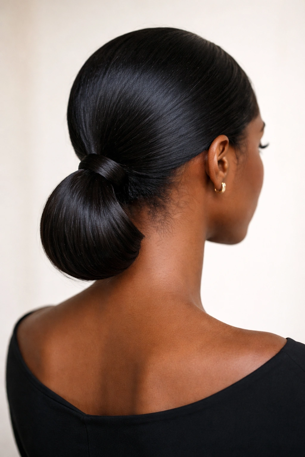 Rear view of a low ponytail with tucked ends