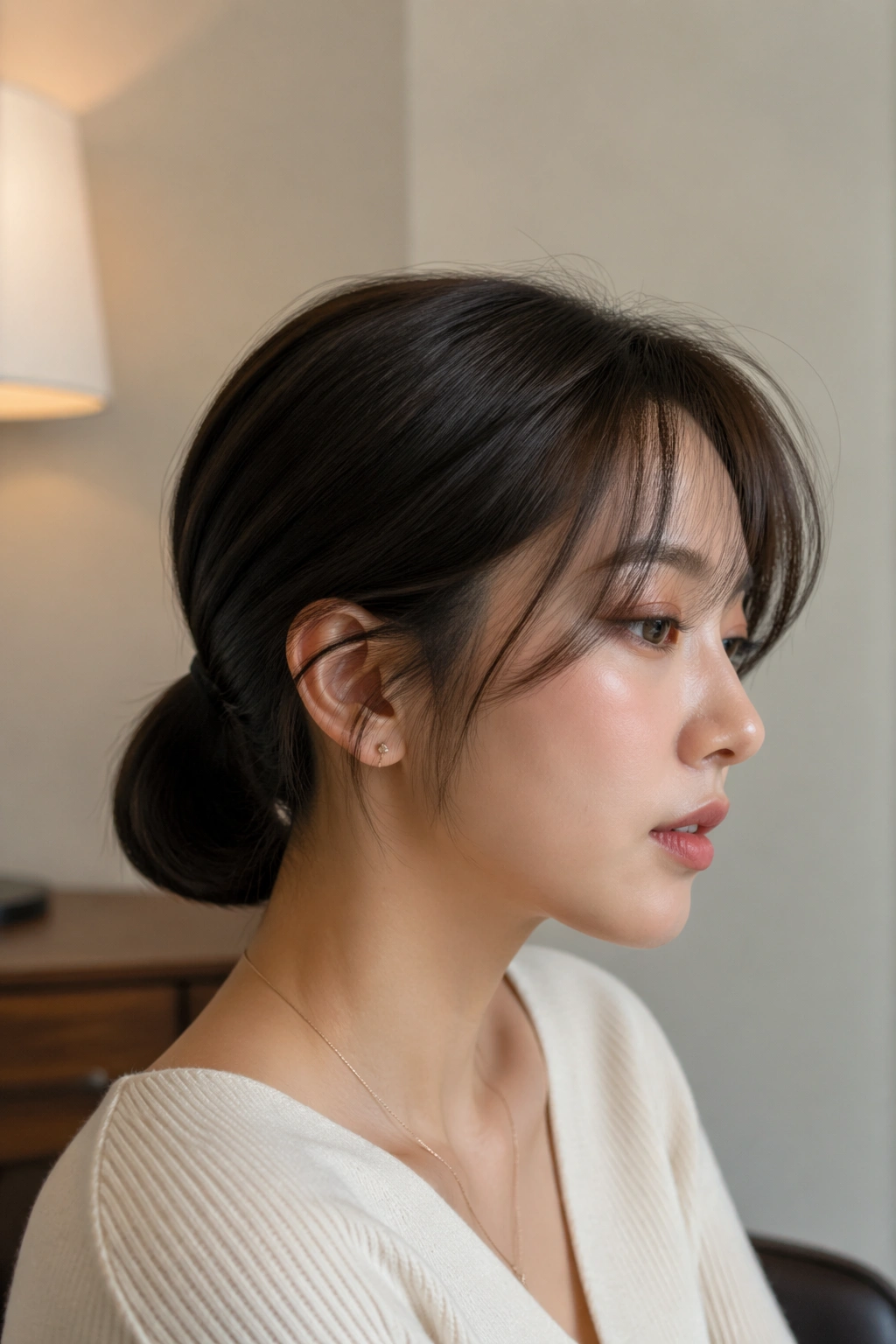 Portrait of a real person with a tucked-end low ponytail and wispy bangs in soft lighting