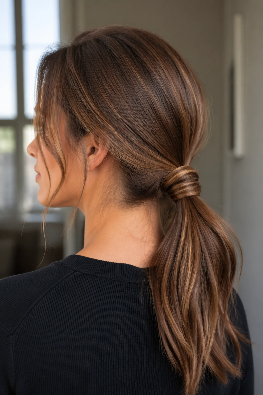 Close-up of a real woman with a low ponytail and twisted knot at the nape