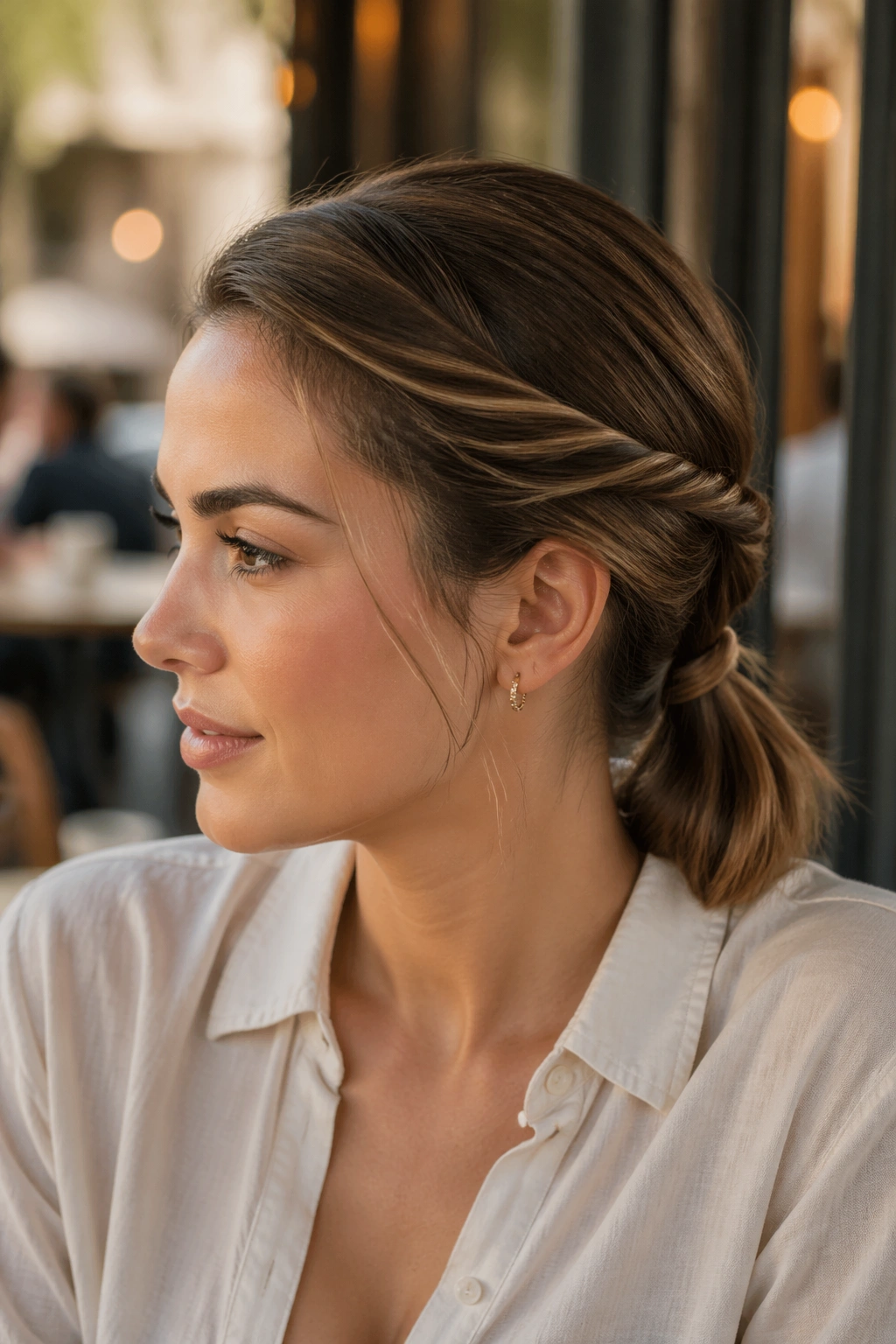 Close-up of a real woman with twisted sides into a low ponytail