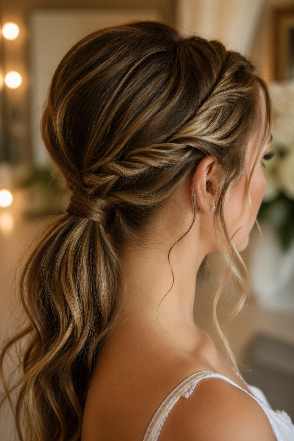 Close-up of a real woman with twists at the temples joining into a low ponytail