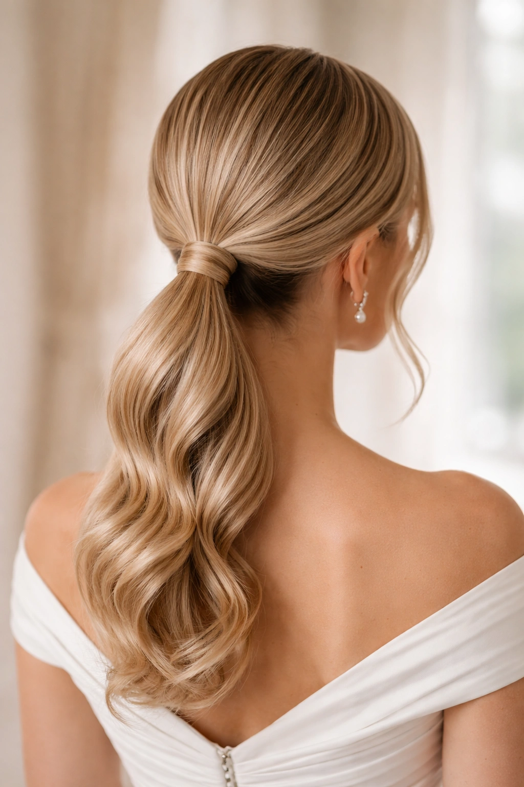 Low ponytail with veil-friendly base and smooth wrapped elastic