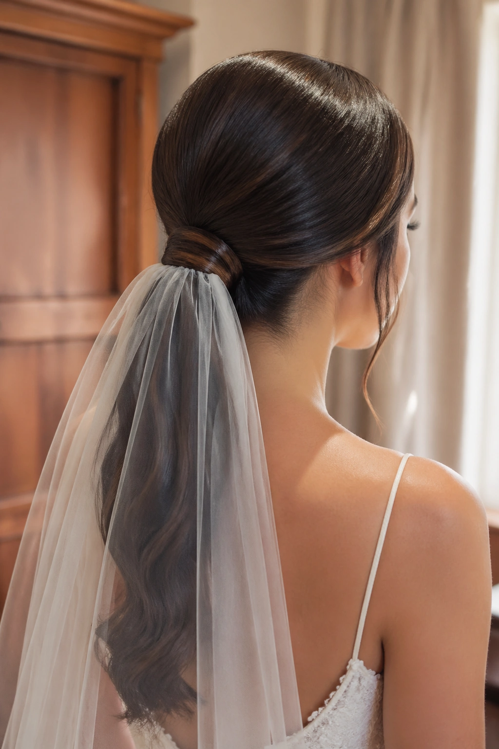 Rear view of a real bride showing a low ponytail with veil attachment