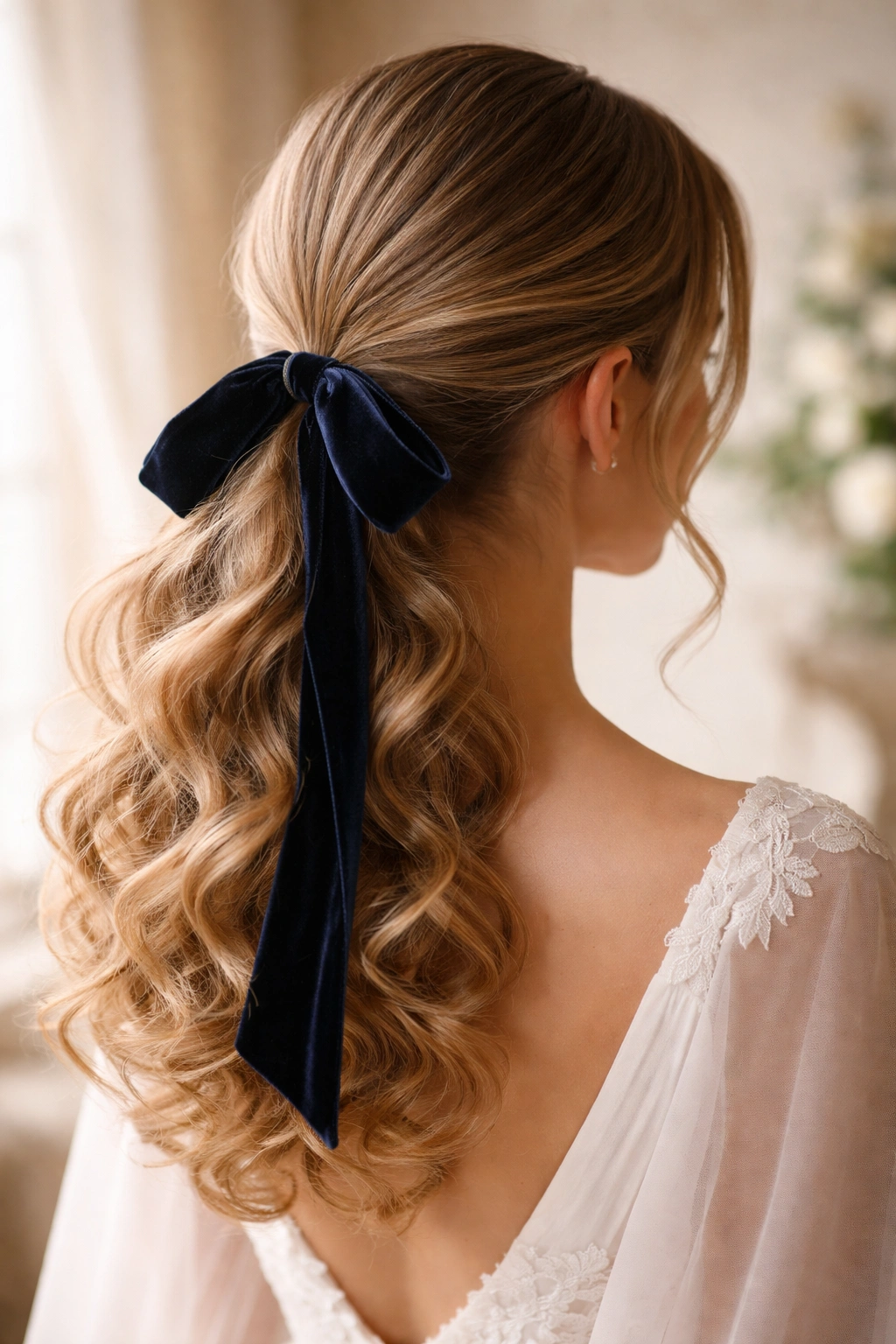 Low curly ponytail with velvet ribbon for refined bridal look