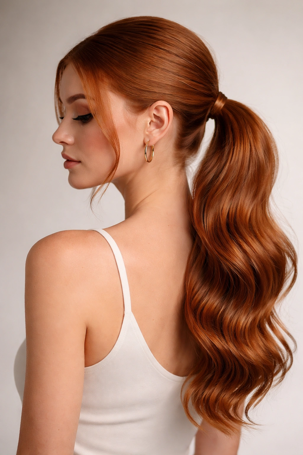Side view of a ginger low ponytail with a straight crown and soft waves in the tail