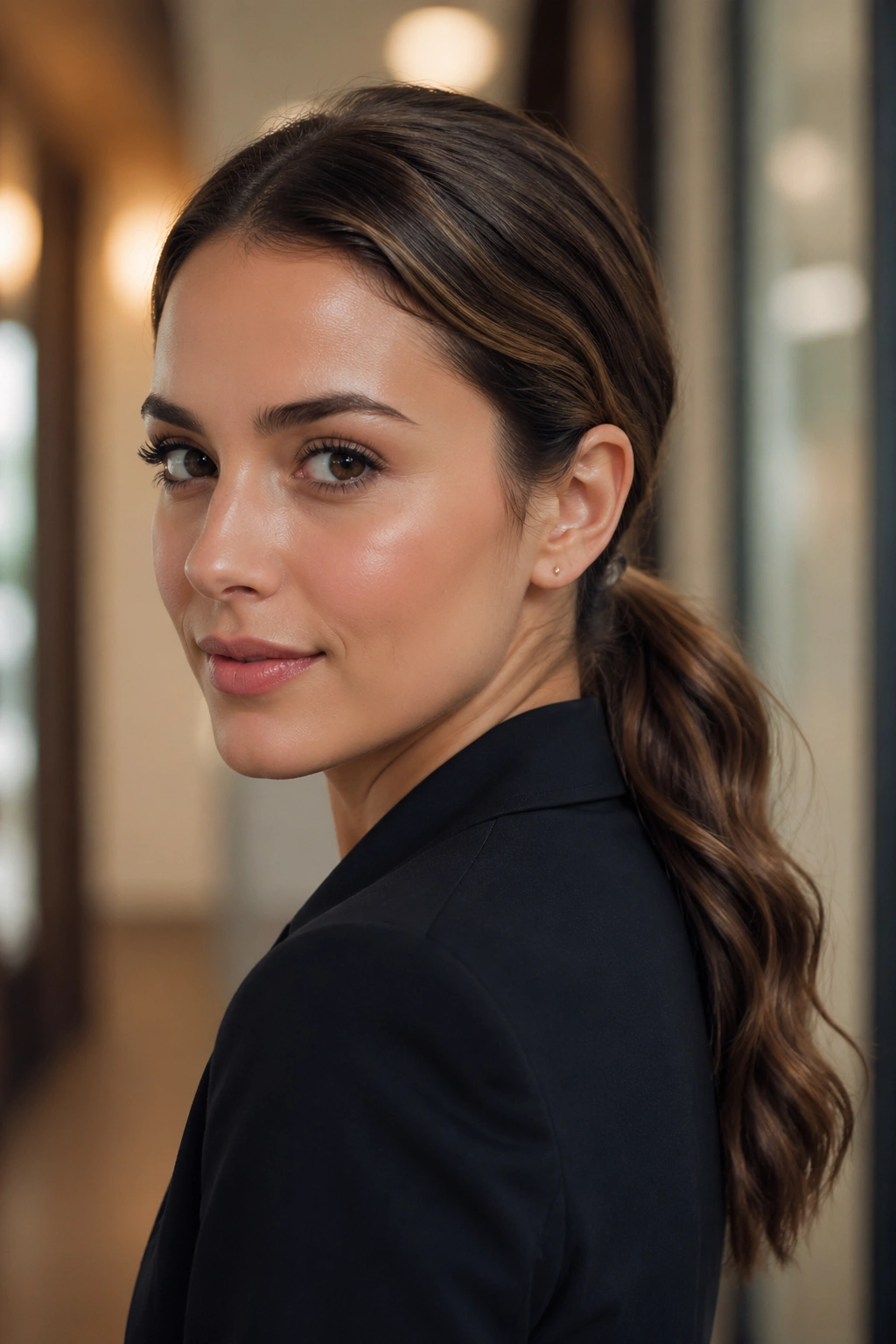 Close-up of a real woman with a low wavy ponytail in a professional setting