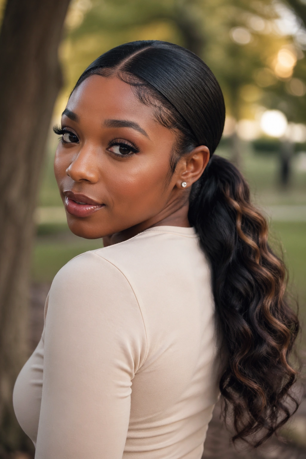 Close-up of a real woman with a low ponytail and wavy extensions in a relaxed outdoor setting