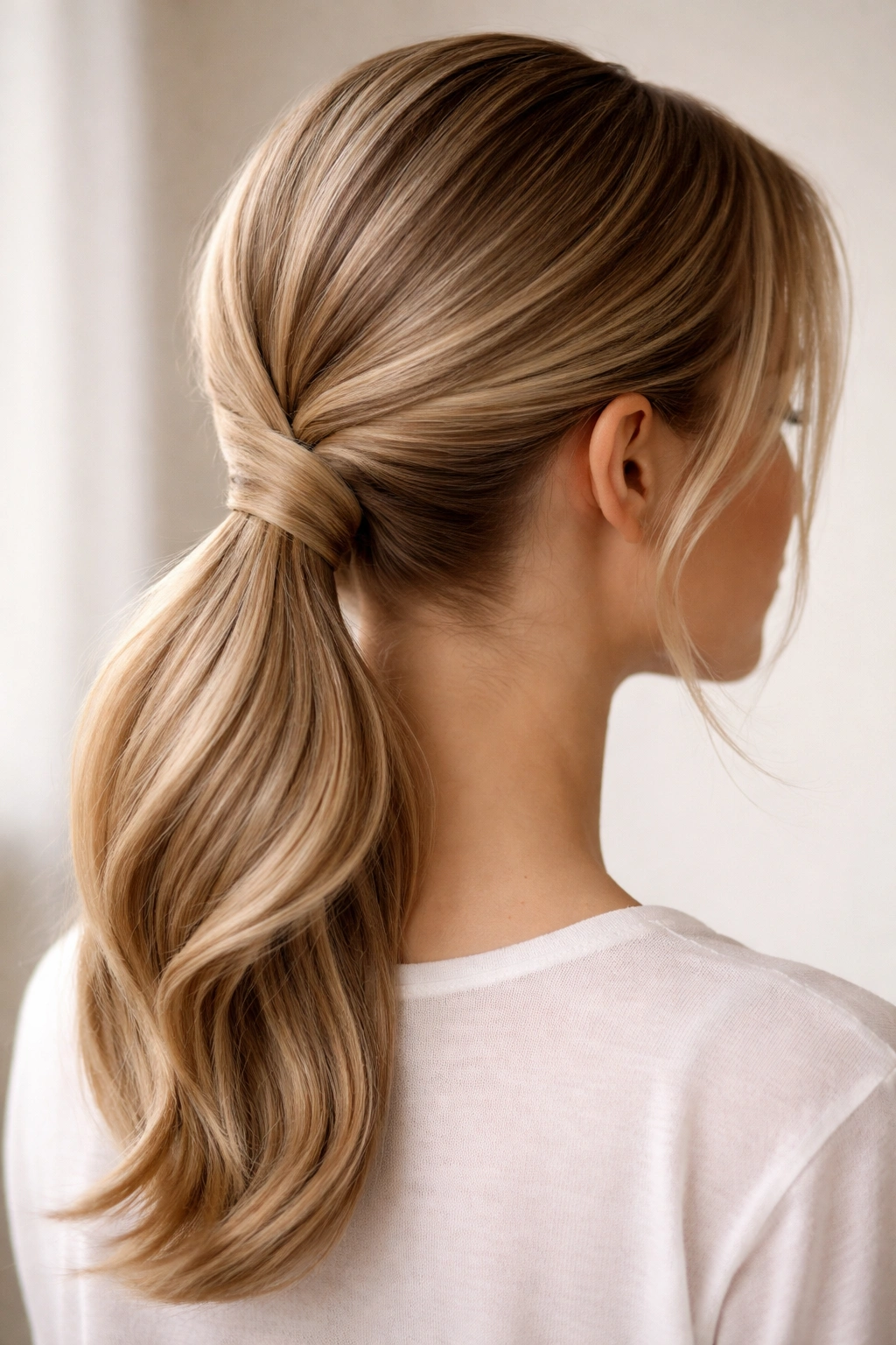 Low nape double weave ponytail with soft wrap at the neck